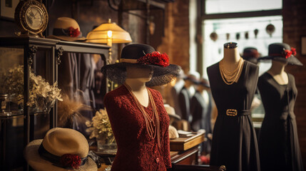 Vintage clothing store, 1940s era, elegantly displayed lace dresses, pearl necklaces, and bowler hats, wooden hangers, warm ambient lighting, inviting atmosphere