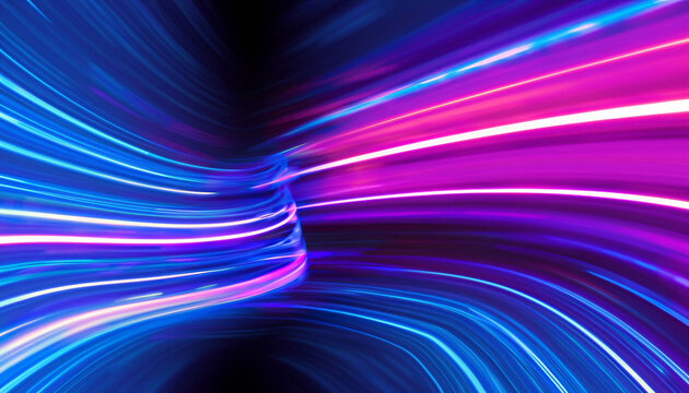 neon stripes in the form of drill turns and swirl illustration of high speed concept image of speed motion on the road abstract background in blue and purple neon glow colors