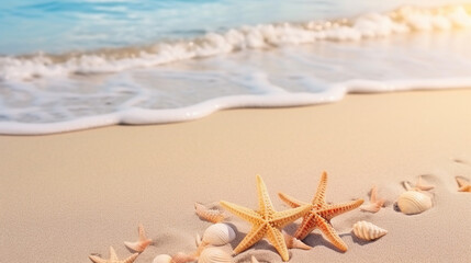 Fototapeta na wymiar Seashells and sea stars in sandy beach in front of the waves, travel background