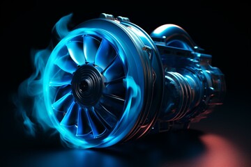 3D-rendered turbocharger with spinning blue flames on a dark background. Generative AI
