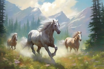 Obraz na płótnie Canvas Four untamed horses sprint through the Rocky Mountains, passing fir trees and racing up a grassy hillside. Three horses are paint horses while one is brown. Their manes flow as they. Generative AI