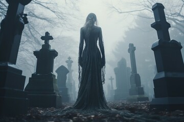 A mysterious scene with a woman's dark silhouette set against the eerie backdrop of a foggy graveyard