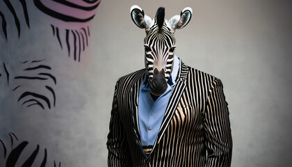 zebra wearing a gentleman suit with strips on it photoshoot