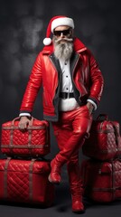 Portrait of santa claus with a red bag and sunglasses in his hands.