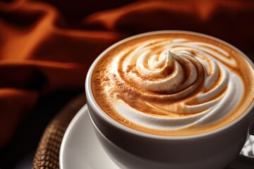 Autumn drink pumpkin spicy latte. Close up