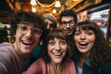 a group of friends take selfies at a party.