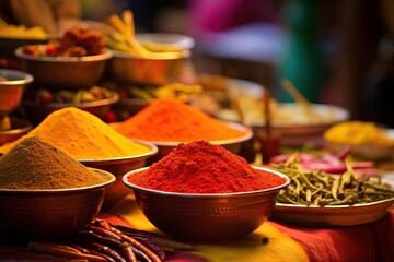 A vibrant scene with Panang Curry being prepared and served at a bustling Indian market, capturing the energy and vibrant colors of the spices and ingredients