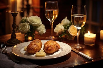 A romantic dinner scene with Chicken Kiev served on a candlelit table, accompanied by a glass of wine and elegant table settings, creating a romantic and intimate ambiance - obrazy, fototapety, plakaty