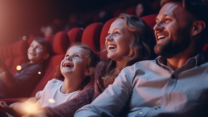 happy parent with kids watching an exciting movie. A young joyful couple with their daughter in the cinema.AI