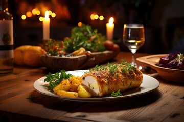 A rustic table setting with a platter of Chicken Kiev accompanied by roasted vegetables and fresh herbs, evoking a homely and comforting atmosphere
