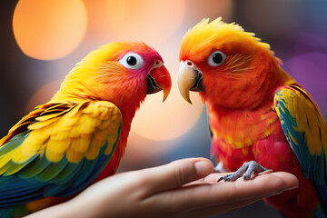 two bright parrots are sitting on the arm