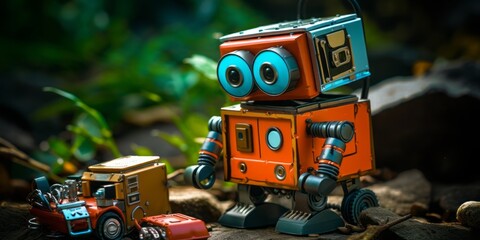 Cute AI: A Small Electric Toolbox Robot with a Wrench, Demonstrating Innovation in Harmless AI Technology, Ready to Assist and Bring Cuteness to Tasks - obrazy, fototapety, plakaty
