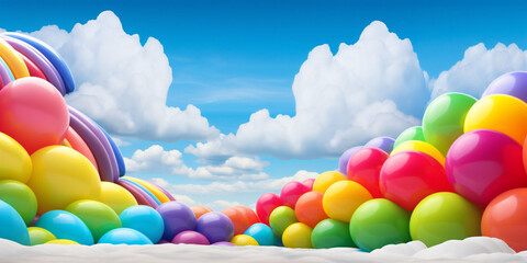 A large bouquet of rainbow colored balloons in cloudy sky. Copy space