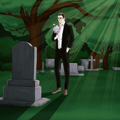 Cartoon character of a man walking through the cemetery.