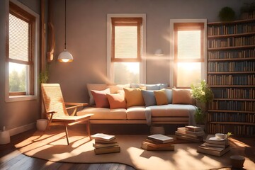 A photorealistic 3D rendering of an inviting reading nook by a window, with sun rays illuminating a stack of books.