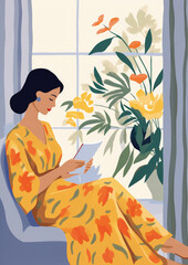 A woman reading a book or magazine, in a tropical indoor setting — lifestyle illustration in Vector Gouache style, with beautiful tropical colours