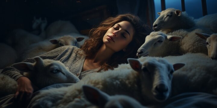 Sleeping Amidst Lambs in a Serene Night Scene with an Open Window Showing the Moon, Reflecting on Sleep Disorders, Sleep Improvement, and the Classic 'Counting Sheep' Method
