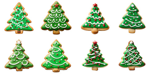 Delightful Set of Christmas Tree Shaped Sugar Cookies on transparent background, png - Generative AI