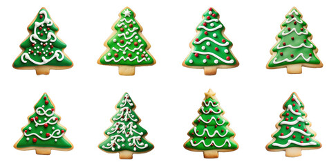 Christmas Collection: Cute Sugar Cookies in Tree Shape on transparent background, png - Generative AI