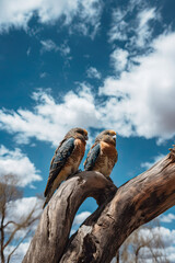 Lovebirds Sharing a Tender Moment on a Branch, Blue Sky Above
