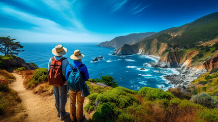 Enior couple admiring the scenic Pacific coast while hiking, filled with wonder at the beauty of nature during their active retirement