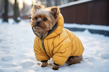Yorkshire terrier in a warm yellow jacket posing on a snowy street