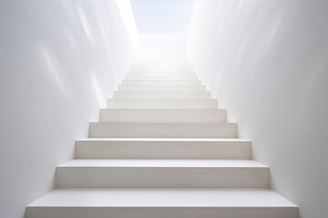 White stairs on heaven. Light sky. Faith, hope, soul concept. Career stairs. AI generation
