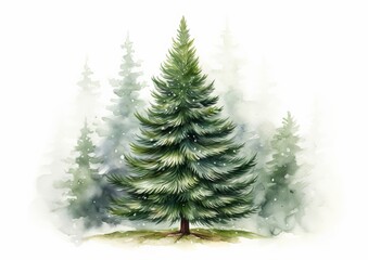 Evergreen fir christmas tree grove watercolor illustration isolated on white with snow