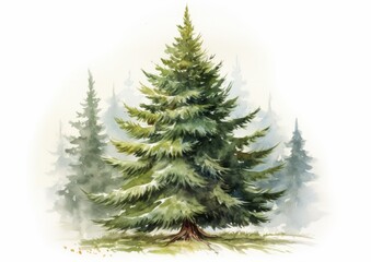 Evergreen christmas tree grove watercolor illustration isolated on white with snow. Several trees.