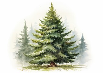 Fototapeta premium Evergreen christmas tree grove watercolor illustration isolated on white with snow. Several trees.