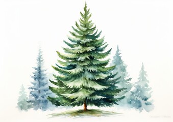 Evergreen christmas tree grove watercolor illustration isolated on white with snow
