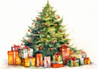 Christmas tree water color illustration isolated on white with presents. Christmas card.