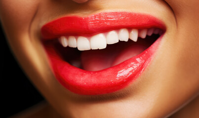 Beautiful female mouth in close up with red lipstick, professional makeup.