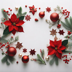 Fototapeta na wymiar Christmas wreath with red poinsettias red spheres