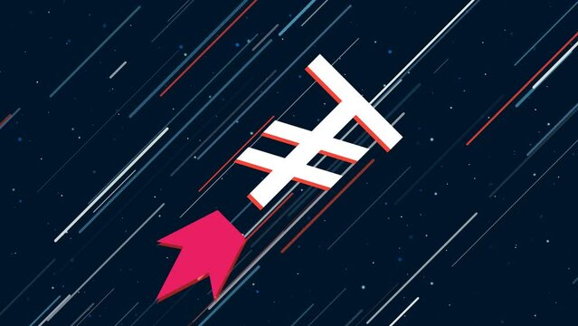 Tugrik symbol flies through the universe on a jet propulsion. The symbol in the center is shaking due to high speed. Seamless looped 4k animation on dark blue background with stars