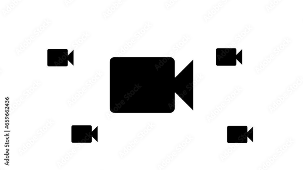 Poster zoom in and out animation the video camera symbol. large black symbol in the center and four small s
