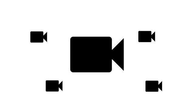 Zoom in and out animation the video camera symbol. Large black symbol in the center and four small symbols around. Seamless looped 4k animation on white background