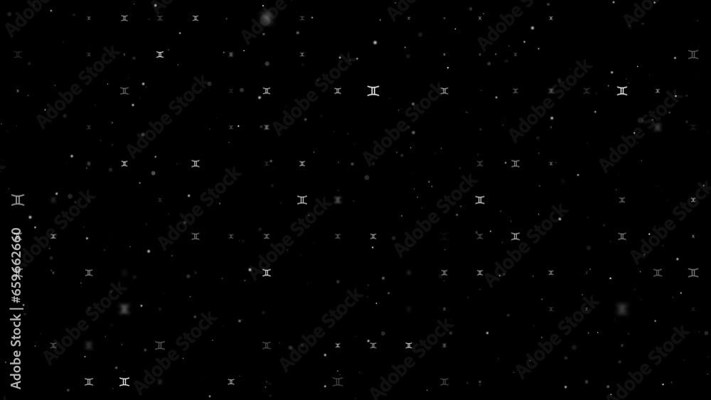 Poster template animation of evenly spaced zodiac gemini symbols of different sizes and opacity. animation 