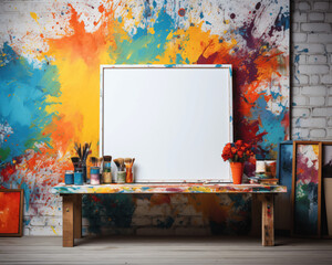 Blank artist canvas on a table with paints and brushes
 - Powered by Adobe