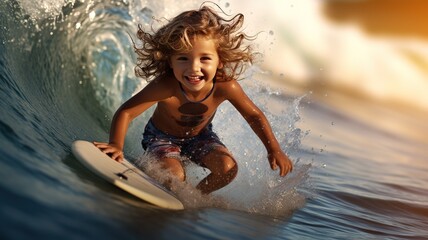 portrait of a caucasian young long-haired curly boy surfer on a wave in Bali. child surfing AI