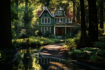 Victorian vintage house in woods with pond, trees, road. Generative AI