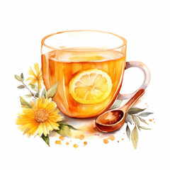 Watercolor hand painted hot cup of tea with lemon and honey simple sketch illustration isolated on white background. Hand drawn clip art for menu and ads - obrazy, fototapety, plakaty
