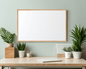 Blank white picture frame in a productive workspace
