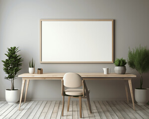 Blank white picture frame in a creative workspace
