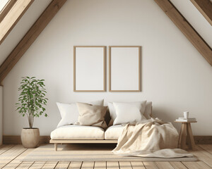 Blank white picture frames in attic nook 