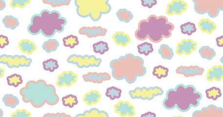 Cute cloud seamless pattern. Baby drawing cartoon wallpaper. Hand drawn clouds in pastel colors. Adorable birthday background in kawaii style. Vector illustration on transparent background