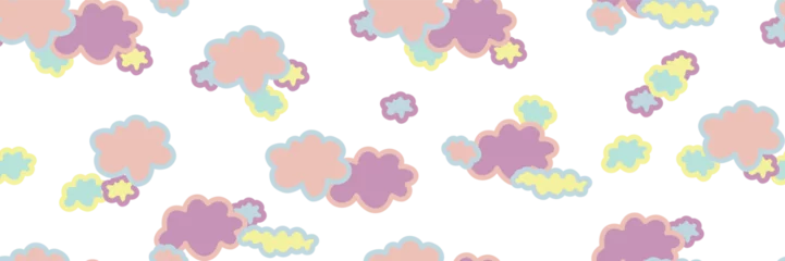Tuinposter Cute cloud seamless pattern. Baby drawing cartoon wallpaper. Hand drawn clouds in pastel colors. Adorable birthday background in kawaii style. Vector illustration on transparent background © Marharyta