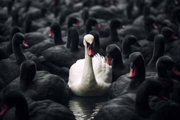 Obraz premium A captivating image of a single white swan among a group of black swans, showcasing contrast and individuality. Perfect for themes of uniqueness, nature, and wildlife.