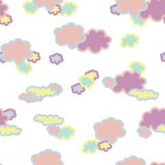 Cute cloud seamless pattern. Baby drawing cartoon wallpaper. Hand drawn clouds in pastel colors. Adorable birthday background in kawaii style. Vector illustration on transparent background
