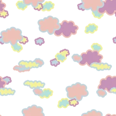 Schilderijen op glas Cute cloud seamless pattern. Baby drawing cartoon wallpaper. Hand drawn clouds in pastel colors. Adorable birthday background in kawaii style. Vector illustration on transparent background © Marharyta